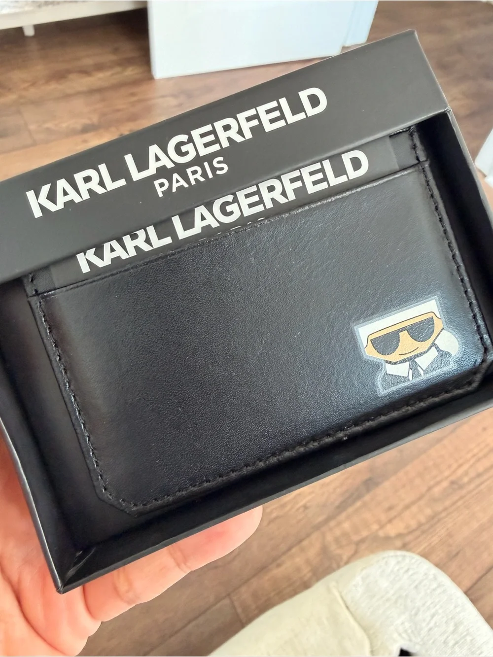 Karl Lagerfeld Black Leather Card Holder with Icon Patch Accent NWT